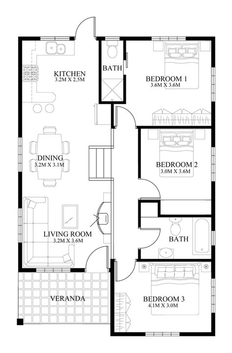 Small House Design - 2014005 | Pinoy ePlans - Modern house designs, small house design and more! Floor Plan With 3 Bedrooms, 2 Bedroomed House Plans, Floor Plan 2 Storey House 4 Bedroom, House Plan Drawing Layout, 7 Rooms House Plans, Plan Of Building, 3 Bedroom House Blueprints, 3bhk Plan Layout, 6 Rooms House Plan