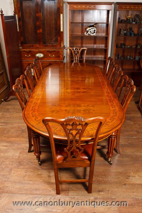 Walnut Victorian dining table and set of matching Chippendale dining chairs - such a sumptuous elegant dining set. Whole range of Victorian dining tables and sets available to view in our Canonbury Antiques Herts showroom Essen, Victorian Dining Tables, Victorian Dining Room Table, Victorian Dining Table, Rustic Dining Room Sets, Dining Room Victorian, Small Table And Chairs, Chippendale Chairs, Mahogany Dining Table