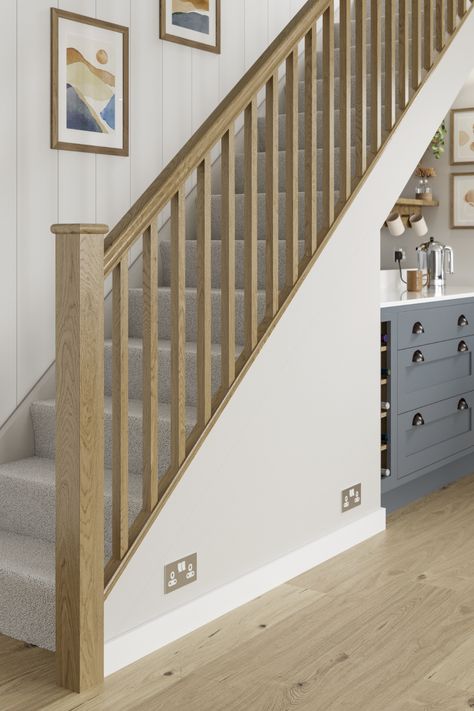 Howdens Staircase, Wooden Stair Railing Ideas Interiors, All Wood Stair Railing, Oak Staircases Ideas, Oak Staircase With Carpet, Staircase Ideas Oak, Staircase Ideas With Carpet, Light Carpet Stairs, Wooden Staircase Design Traditional