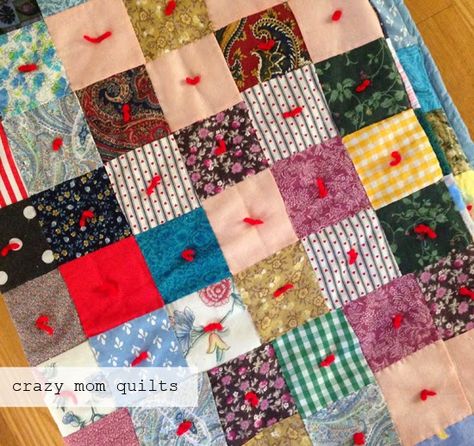 crazy mom quilts, yarn tied patchwork quilt. Couture, Patchwork, Tied Quilts, Hand Quilting Patterns, Quilting 101, Tie Quilt, Homemade Quilts, Crazy Mom, Quilt Care