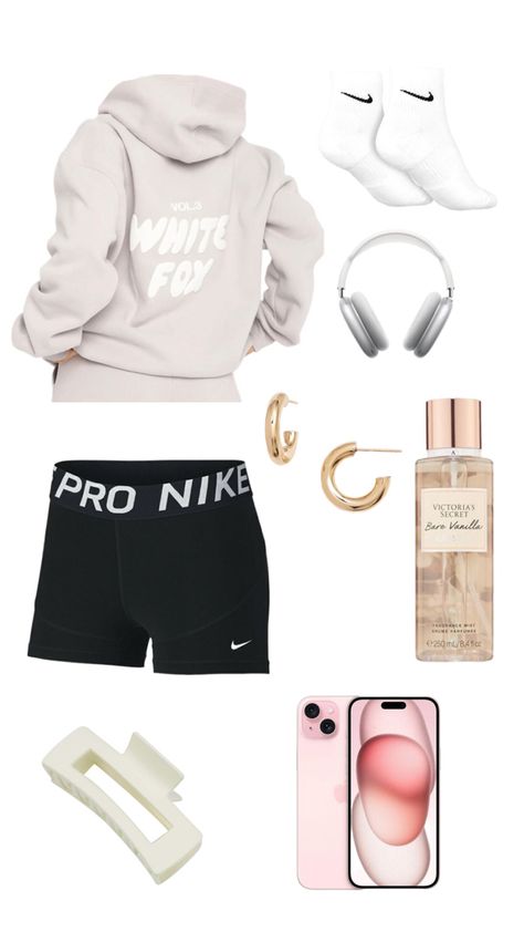 Outfit Shuffles Comfy, Preppy Nike Pro Outfit, Nike Cute Outfits, Nike Pros Outfit School, White Fox Outfits Aesthetic, Summer Outfits Nike Pro, Styling Nike Pros, Aesthetic Shuffles Outfits, White Fox Outfit Ideas