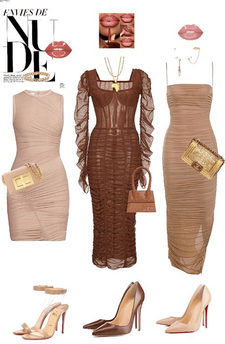 Nude Dress Outfit | ShopLook Nude Cocktail Dress Classy, Nude Dress Formal Classy, Nude Heels Black Dress, Shades Of Melanin Party Outfits, Nude Formal Outfit, Nude Brunch Outfit Black Woman, Shades Of Brown Party Outfits, Nude Dress Outfit Classy, Nude Clothes Aesthetic