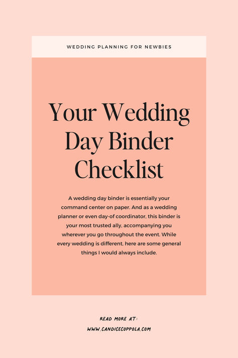 A wedding day binder is essentially your command center on paper. And as a wedding planner or even day-of coordinator, this binder is your most trusted ally, accompanying you wherever you go throughout the event. While every wedding is different, here are some general things I would always include.  #weddingdayguide #weddingbinder #weddingplanneradvice #weddingplanning Wedding Coordinator Checklist Day Of, Wedding Day Of Binder, Day Of Coordinator Checklist, Day Of Wedding Checklist, Day Of Wedding Binder, Checklist For Wedding, Wedding Day Binder, Wedding Coordinator Checklist, Binder Printables Free