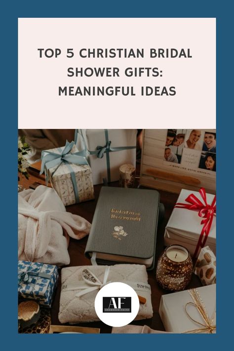 Top 5 Christian bridal shower gifts displayed, including a Bible, candle, and wrapped presents. Christian Wedding Shower Ideas, Christian Bridal Shower Ideas, Cute Bridal Shower Gifts, Bridal Shower Gift Ideas, Unity Cross, Shower Gift Ideas, Christian Couples, Personalized Bible, Vintage Bridal Shower