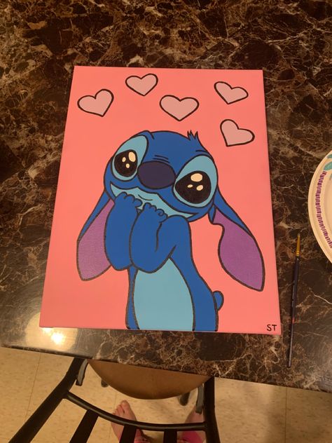 Acrylic painting 2023 Canvas Painting, Stitch Canvas Painting Easy, Painting Ideas Stitch, Acrylic Painting Ideas Cartoon, Stitch Painting Ideas, Stitch Painting Easy, Acrylic Painting Cartoon Characters, Stitch Painting Canvases Easy, Stitch Acrylic Painting