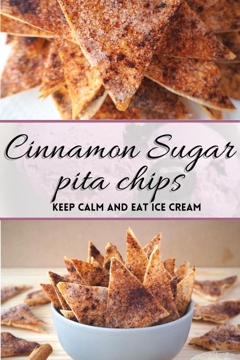 These four ingredient cinnamon sugar pita chips are quick and easy to bake in your oven and a crispy and delicious snack. Why buy commercial cinnamon sugar pita chips when you can make these so easily at home? (My British friends would probably call these Cinnamon sugar pita crisps) Cinnamon Pita Chips Recipe, Cinnamon Pita Chips And Dip, Pita Crisps Recipe, Pita Chips Baked, Pita Appetizers, Siete Chips, Cinnamon Pita Chips, Cinnamon Sugar Pita Chips, Pita Crisps