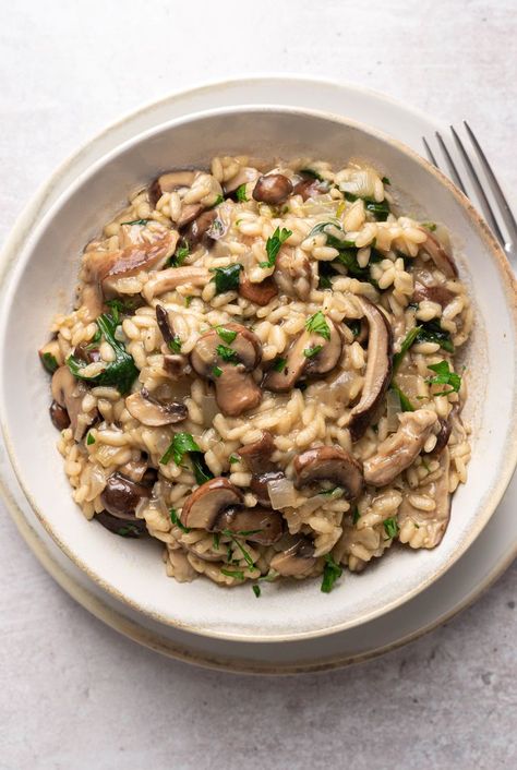 Risotto Dinner, Creamy Mushroom Risotto, Vegan Mushroom Risotto, Creamy Risotto, Mushroom Risotto Recipes, Mushroom Recipe, Asiago Cheese, Buffalo Cauliflower, Wild Mushroom