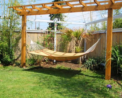 Pergola and hammock stand, I want this not just because I LoVe hammocks but I would love to say, "lets go out to the Pergola"!!!!! Garden Hammock, Backyard Hammock, Building A Pergola, Garden Vines, Hammock Stand, Have Inspiration, Pergola Plans, Diy Pergola, Tropical Landscaping