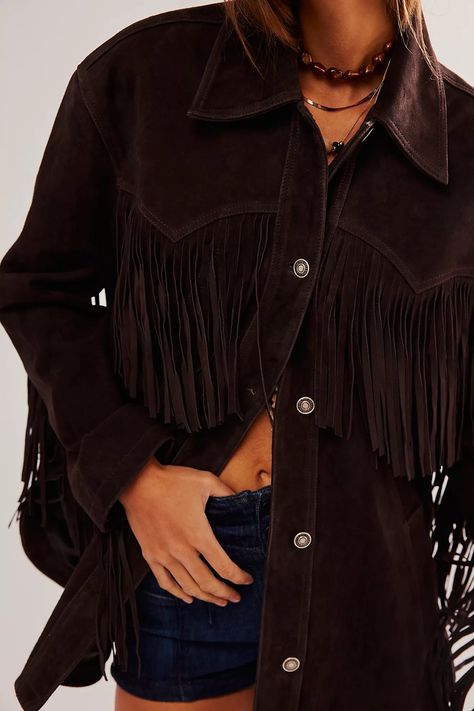 We The Free Fringe Out Suede Jacket | Free People Fringe Jacket Outfit, Ranch Outfits, Free Spirit Aesthetic, Marissa Cooper, Dresses With Cowboy Boots, Boho Brand, Studded Backpack, Felt Cowboy Hats, Champagne Taste