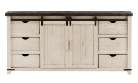 Rich in character, the Madison County Collection blends rustic characteristics of solid reclaimed pine wood with the natural styling of a white vintage and barnwood finish. A sliding barn door adds to the farmhouse feel and hutch displays two exposed shelves, perfect for dining essentials. A great coffee or bar station option! Reclaimed Pine Solids Vintage White / Barnwood Finish Two Shelves Six Drawers Two Doors Leading To One Adjustable Shelf Cord Management Server Only Option Available - Price Varies Available In Vintage Black Finish - At Same Price Country Of Origin: Vietnam Hutch Display, Dining Essentials, Bar Station, Madison County, Beautiful Storage, Cord Management, Reclaimed Pine, The Madison, The Farmhouse