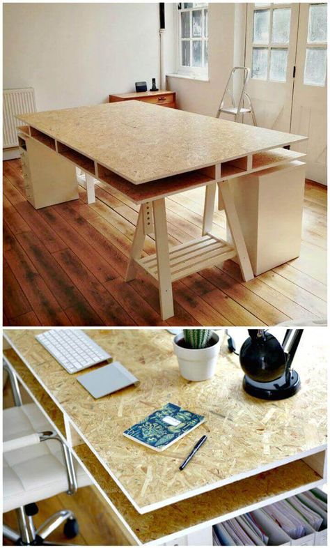 Double Layer Particle Board Desk Home Art Studio Office, Mdf Wood Projects, Creative Desk Ideas, Osb Desk, Drafting Desks, Diy Desk Ideas, Bureau Diy, Art Studio Ideas, Home Art Studios