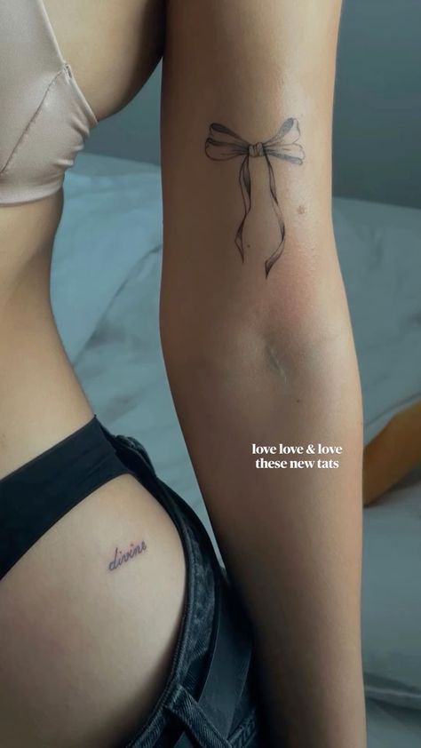 Minimalist Tattoo On Thigh, Hip Tats For Women Small, Hand Tattoos On Women, Tattoo On Hips For Woman, Aesthetic Tattoos Women Hand, Tattoo Above Arm Crease, Inner Arm Word Tattoos For Women, Girly Tattoos Back, Small Tattoos On The Hip