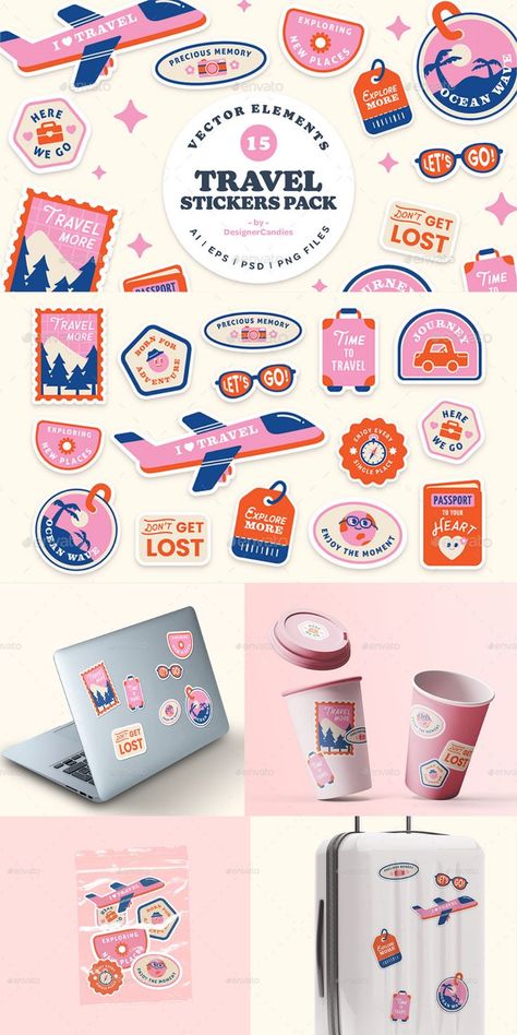 Cute Modern-Retro Travel Stickers Illustration.  90s, travel stickers aesthetic, stickers de viajes, plane sticker, adventure stickers, travel stickers printable retro, aeroplane, airplane, illustration, luggage, passport, psd, retro, sticker, stickers, suitcase, throwback, travel, vector #stickers #travel Suitcase Aesthetic Stickers, Merch Illustration Design, Suitcase Stickers Aesthetic, Travel Merchandise Ideas, Travel Aesthetic Design, Sticker Layout Design, Luggage Stickers Ideas, Typography Sticker Design, Travel Bag Stickers