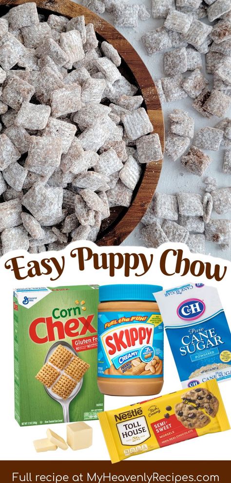 puppy chow recipe Thanksgiving Chex Mix Recipes, Peanut Butter Chex Mix Recipes, Chex Cereal Recipes, Peanut Butter Chex Mix, Puppy Chow Chex, Homemade Puppy Chow, Chex Muddy Buddies Recipe, Easy Puppy Chow Recipe, Easy Puppy Chow