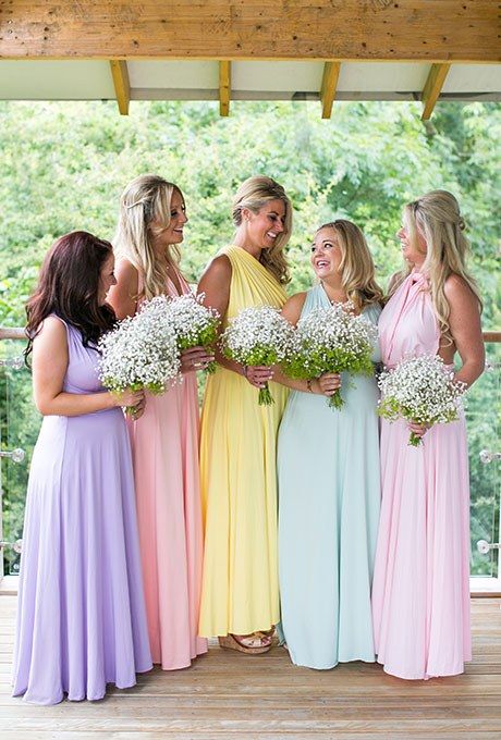 Wedding Bridesmaid Dresses, Bouquet Pastel, Pastel Wedding Theme, Pastel Bridesmaids, Pastel Bridesmaid Dresses, Stunning Wedding Venues, Rainbow Wedding, Real Weddings Photos, Pastel Wedding