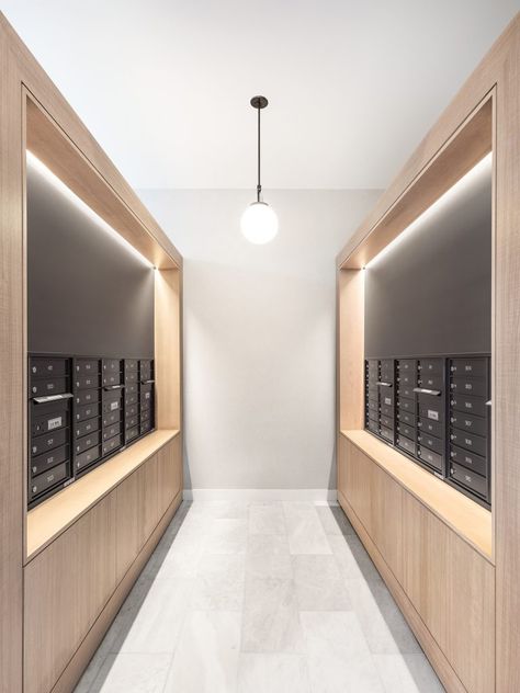 Multifamily Corridor Design, Mail Room Design, Office Mail Room, Lobby Design Residential, Residential Lobby Design, Apartment Mailboxes, Residential Lobby, Apartment Lobby, Mail Room