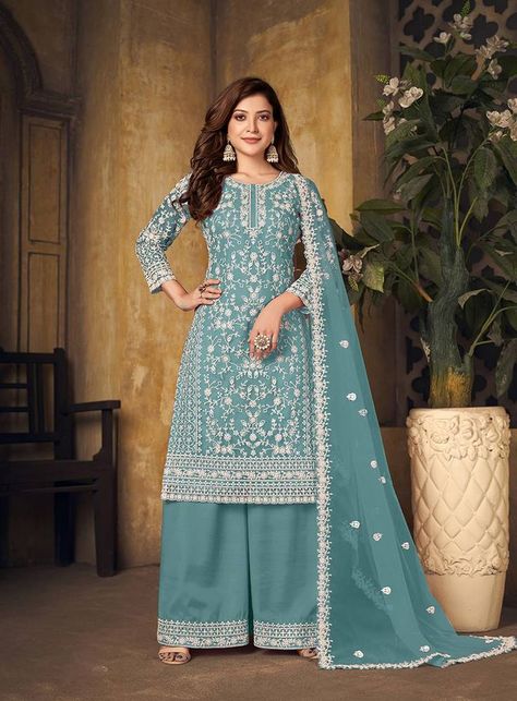 Embroidered net salwar suit in sky blue. (1 Top / 1 Bottom / 1 Dupatta) Plazo Set, Palazzo Dress, Plazzo Suits, Pakistani Shalwar Kameez, Top Net, Punjabi Dress, Palazzo Suit, Salwar Kamiz, Pakistani Salwar Kameez