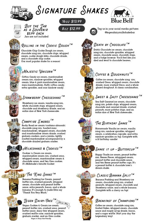 Legendairy Milkshake Bar Menu Milkshake Menu Ideas, How To Make Homemade Malts, Crazy Mason Milkshake Diy, Gourmet Milkshake Ideas, Crazy Shakes Ideas, Milkshake Party Ideas, Milkshake Bar Ideas, Ice Cream Shakes Milkshakes, Milkshake Business