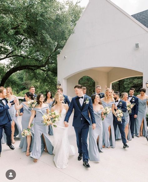 Groom Dusty Blue Wedding, Blue Bridesmaid With Groomsmen, Powder Blue Tuxedo Wedding, Blue Suit Ivory Tie Wedding, Beige Blue Wedding Theme, Wedding Day Color Schemes, Navy Suits Groomsmen Color Schemes, Navy Blue Groomsmen And Bridesmaids, Groomsman Color Scheme