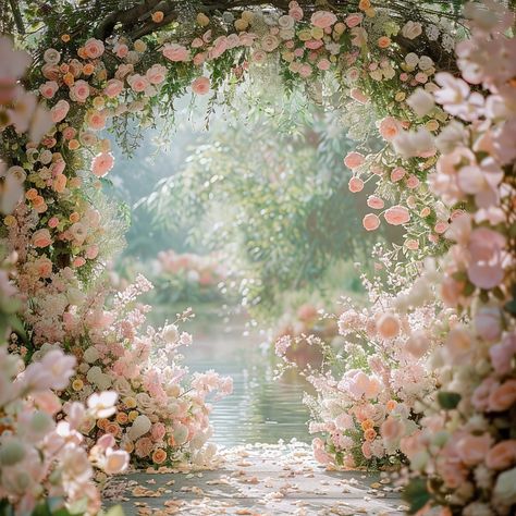 Enchanted Garden Arches - Outdoor Wedding Arches: Gateway to Romance  Step into a Monet-inspired romance with these pastel-adorned garden arches, perfect for saying "I do" under the spring sun. Spring Wedding Photo Backdrop, Fairytale Garden Wedding Theme, Sunset Garden Wedding, Secret Garden Themed Wedding, Romantic Pastel Wedding Theme, Pastel Wedding Arch, Fairytale Wedding Flowers, Outdoor Wedding Arches, Bridgerton Wedding Aesthetic