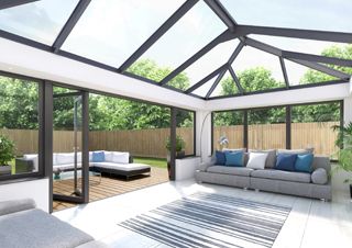 Black Sunroom, Sunroom Modern, Sunroom Window Ideas, Orangery Roof, Modern Sunroom, Flat Roof Systems, Flat Roof Skylights, Skylight Glass, Roof Lantern