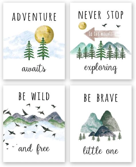 Amazon.com: Colorful Inspirational Adventure Quote Art Print- Nature Mountain Forest Motivational Saying Canvas Wall Art-(8”X10”X4 pieces, Unframed)-Perfect for Office Nursery Decoration 4: Posters & Prints Forest Theme Party, Adventure Nursery Decor, Adventure Theme Nursery, Adventure Quote, Adventure Awaits Baby Shower, Travel Theme Nursery, Eid Al-adha, Adventure Nursery, Eid Al Adha Mubarak