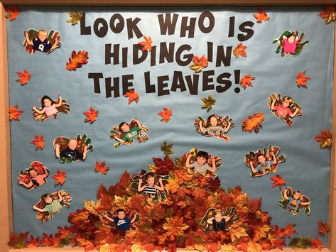 Prek Thanksgiving Bulletin Boards, Look Who’s Hiding In The Leaves Bulletin Board, Halloween Boards For Preschool, Fall Door Decor Preschool, Fall Theme Preschool Bulletin Boards, Fall And Halloween Bulletin Board Ideas, Preschool Thanksgiving Bulletin Board Ideas, Fall Mural Preschool, November Teacher Bulletin Board