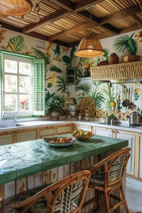 Tropical Bloxburg, British Colonial Style Kitchen, Tropical British Colonial Style, Hawaiian Interior Design, Hawaiian Kitchen, Tropical Kitchen Decor, Island Style Decor, Modern Boho Kitchen, Beach House Dining Room