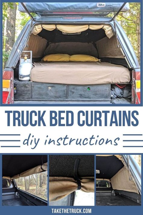 How To Make Roll-Up Camper Shell Curtains | Take The Truck Diy Camper Shell, Vw Rabbit Pickup, Truck Bed Trailer, Truck Shells, Camper Curtains, Truck Camper Shells, Camper Interior Design, Minivan Camping, Truck Bed Camping