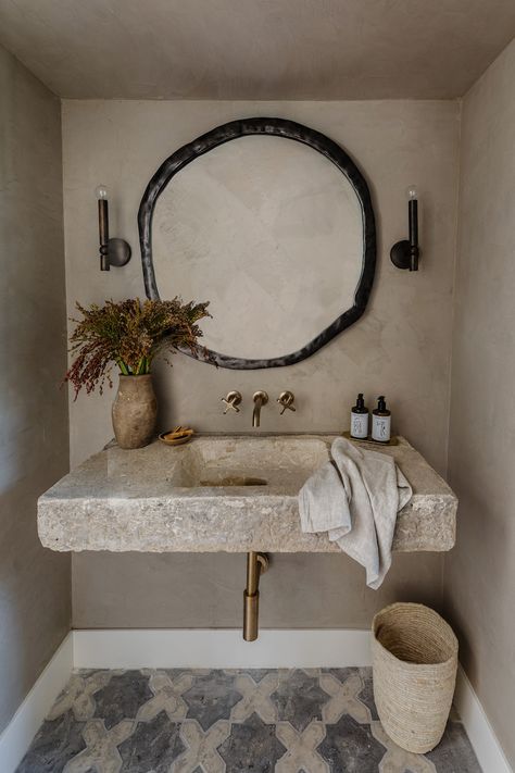 Vanity Nook, Travertine Sinks, Tongue And Groove Panelling, Wall Mount Sink, Marble Sinks, Spanish Revival, Powder Bath, Design Exterior, Custom Cabinetry