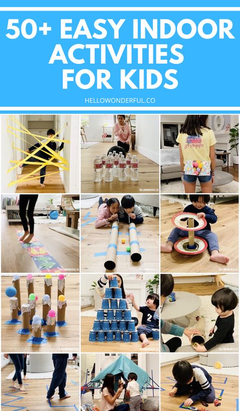 50 PLUS EASY INDOOR ACTIVITIES FOR KIDS. Cheap and easy to set up indoor activities many using common household items and recycled materials #hellowonderful Easy Indoor Activities, Hello Wonderful, Sport Activities, Physical Activities For Kids, Fun Indoor Activities, Indoor Games For Kids, Indoor Kids, Fun Games For Kids, 50 Plus