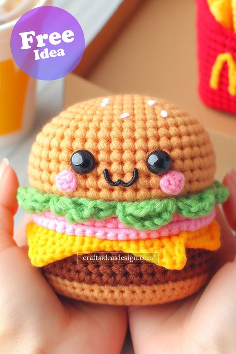 Mc Donalds Burger Amigurumi Amigurumi Patterns, Free Food Amigurumi Patterns, Crochet Fast Food, Food Animal Crochet, Crochet Amigurumi Food Free Patterns, Crochet Patterns Food, Hamburger Crochet, Amigurumi Food Free Pattern, Crochet Food Free Patterns