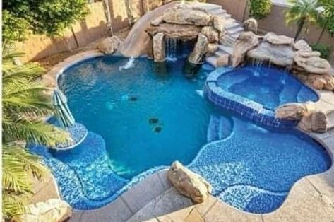 Kids Dream Backyard, Cement Pond, Family Yard, Pool Water Slides, Luxury Pools Backyard, Pool Aesthetic, Dream Backyard Pool, Luxury Swimming Pools, Piscina Natural