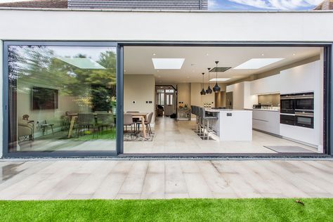 Kitchen Into Garden Open Plan, Open Plan Kitchen Dining Living With Bifold Doors, Small Open House Design, Kitchen Dining Open Plan, Open Plan Layout Ideas, Back Extension House Open Plan, Scandinavian Open Plan Living, Open Plan Bungalow Layout, Open Plan Kitchen Extension