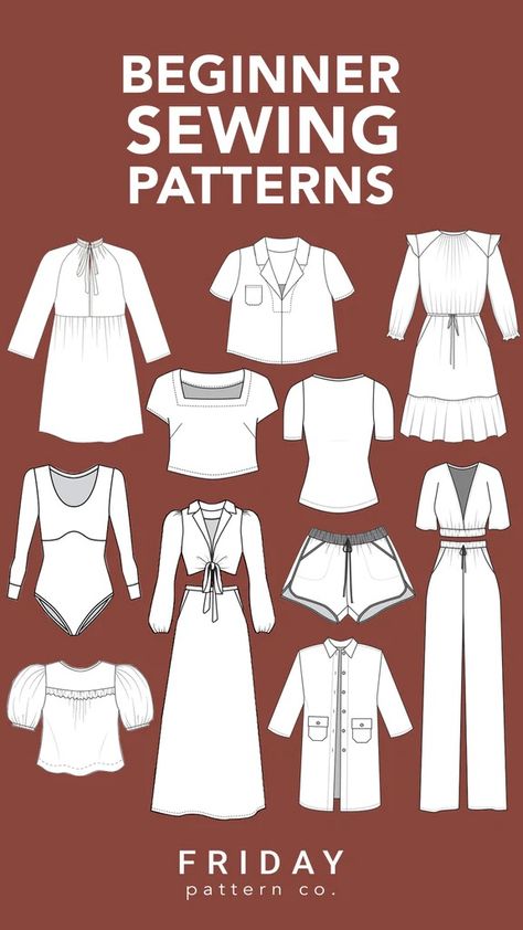 Easy and Beginner Friendly Sewing Patterns Fashion Design For Beginners Sewing Free Pattern, Basic Sewing Patterns Free, First Sewing Projects Clothes, Beginner Clothes Sewing Patterns, Sewing Clothes Women Beginner, Simple Sew Patterns, Wedding Guest Dress Sewing Pattern, Sewing Clothes Beginner, Beginners Sewing Patterns