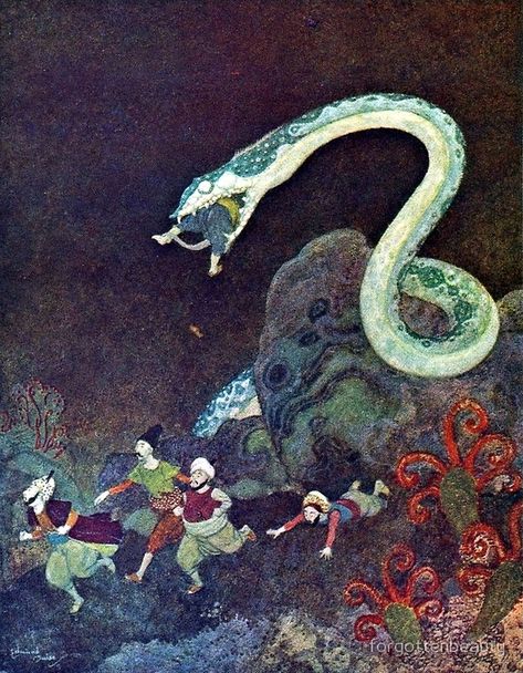 Sinbad The Sailor, Snake Painting, Snake Illustration, Japanese Art Modern, Giant Snake, Arte Ninja, Edmund Dulac, Snake Art, Water Colours