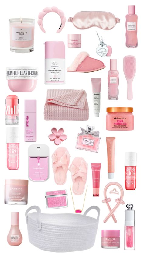 #pink gift basket ideas!! btw it isnt get all of this bc thats A LOT just what you would be appreciated 🩷🩷 hope this helps! 🌸✨💗#coquette #barbie #preppy #selfcare #cosy #gift #spa #treat #love #giftinspo #preppy #aesthetic Pink Teen Gifts, Pink Gift Box Aesthetic, Make A Gift Basket Preppy, All Pink Gift Basket Ideas, Girly Birthday Gift Ideas, Pink Birthday Wishlist, Birthday Present Ideas For Yourself, Sleepover Box Gift Ideas, Spa Birthday Aesthetic