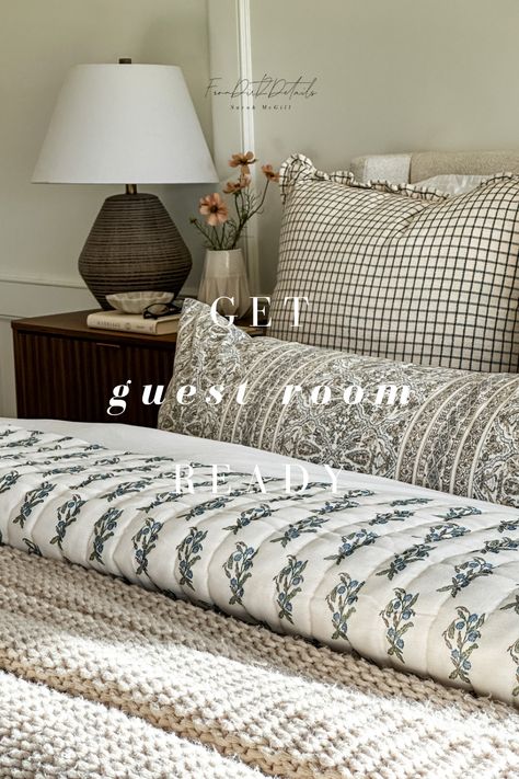 Transform your guest room into a cozy haven in just a few hours! Learn how to pick the perfect color palette, arrange stylish furniture, and add personal touches that will make your guests feel right at home. Don't miss on these beautiful bedroom finds! Guest Bedroom French Country, Guest Room Comforter Ideas, Neutral Bedding With Green Accents, How To Make A Bed Cozy, Guest Bedroom Bedding Ideas, Vintage Guest Room, French Country Guest Room, Cozy Guest Bedroom Ideas, Guest Bedroom Ideas Cozy
