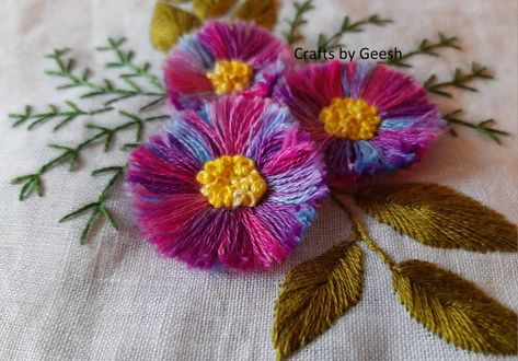 Turkey work aka fringe stitch 😊😊 Step by step tutorial is available in YouTube Pom Pom Flower, Fluffy Flowers, Dimensional Embroidery, Hand Embroidery Patterns Free, Embroidery Lessons, Hand Embroidery Videos, Basic Embroidery Stitches, Hand Embroidery Tutorial, Embroidery Stitches Tutorial