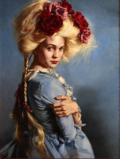 love the pouffy hair and full blown roses Teresa Oaxaca, Potrait Painting, Interesting Drawings, American Gallery, She's A Lady, Painting Studio, Figure Painting, American Artists, Figurative Art