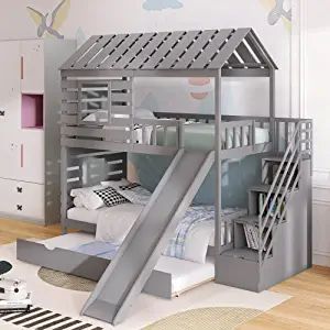 Amazon.com: Merax Twin Over Twin House Bunk Bed, Wooden Bed Frame with Trundle and Slide, Storage Staircase, Roof and Window Design, Gray : Home & Kitchen Storage Staircase, Twin House, Trundle Bed With Storage, Solid Wood Bunk Beds, House Bunk Bed, Bunk Bed With Slide, Solid Wood Bed Frame, Twin Over Twin Bunk Bed, Bunk Beds With Storage