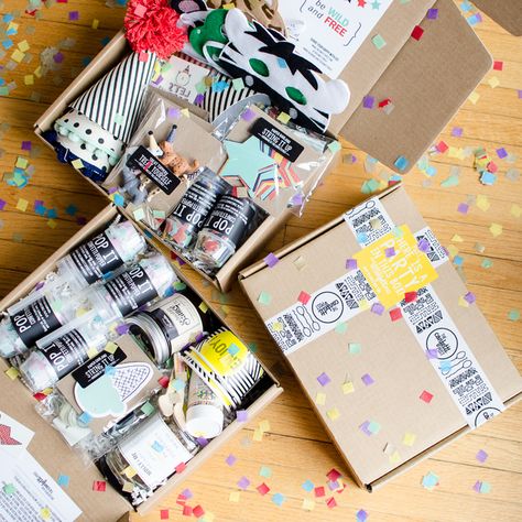 Parties In A Box | The Confetti Post Birthday In A Box Ideas, Party Box Ideas Packaging, Party In A Box Ideas Diy, Creative Gift Packaging, Birthday Party Box, Birthday In A Box, Make Someone Smile, Small Party, Emoji Party