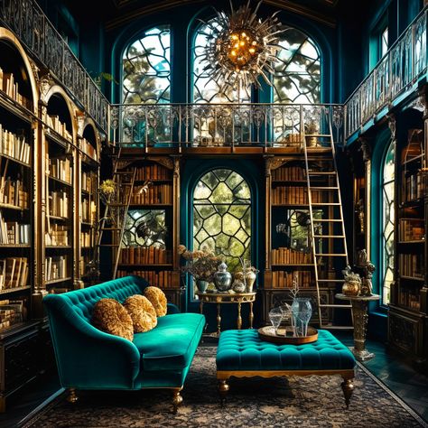 Home Library features colorful furniture, decor, and large windows, in the style of dark gold and teal, bella kotak, suspended / hanging, chrome-plated, victorian, distressed materials, extravagant Teal Library Room, Jewel Tone Library, Teal Green Room, Teal Library, Dark Green Library, Dark Teal Room, Victorian Home Library, Purple Library, Two Story Library