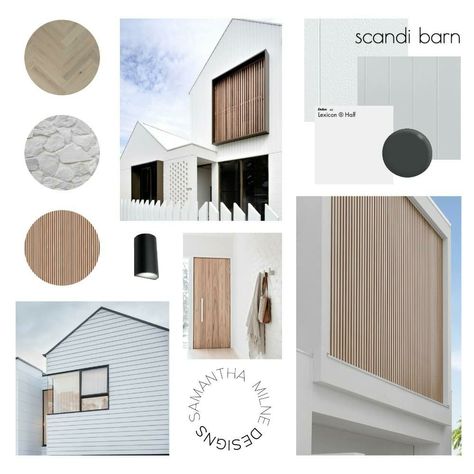 Scandi House Facade, Modern Scandi House Exterior, Nordic Exterior Design, Scandi Exterior House Design, White And Timber House Exterior, Exterior Moodboard Architecture, Minimal Interior Design Moodboard, Exterior Mood Board Home, Material Palette Architecture Exterior