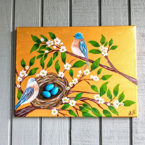 Original Acrylic Blue Birds Painting With Howlite Crystal Eggs Bird Art Acrylic Painting, Bird Canvas Paintings Acrylics, Acrylic Painting Of Birds, Colorful Animal Paintings Acrylics, Spring Birds Painting, Acrylic Birds Painting, Landspace Drawing, Spring Paintings Acrylic, Painting Birds Acrylic