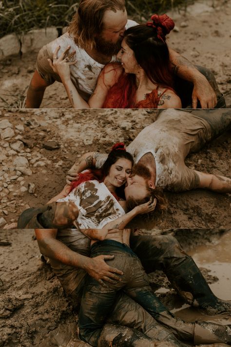 Messy Couples Photoshoot, Muddy Couple Pictures, Family Mud Photoshoot, Mud Couple Photoshoot, Muddy Engagement Photos, Muddy Couples Photoshoot, Mud Engagement Photos, Mud Puddle Photo Shoot, Couples Paint Photoshoot