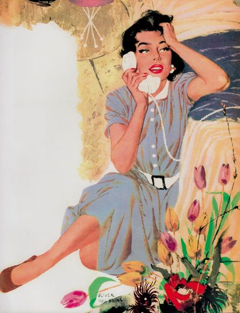 OLIVER BRABBINS lifestyle illustration mid 1950's woman on the phone. (minkshmink) 50s Drawings Retro, Woman On The Phone, 60s Illustration, Vintage Notes, Plate Drawing, 50s Art, 1950s Art, Seni Vintage, Growing Strong