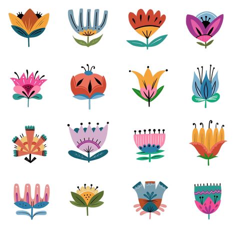 Folk art flower illustration Folk Art Line Drawing, Folk Art Botanicals, Polish Folk Illustration, Folk Flower Pattern, Folk Art Daisy, Swedish Folk Art Flowers, Simple Flowers Illustration, Stylized Flowers Illustration, Colorful Folk Art