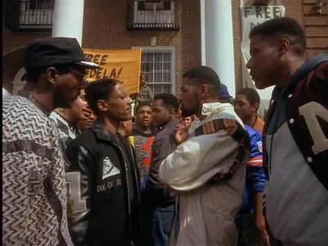 From one of the greatest movies ever - School Daze.  A confrontation between Da Fellas and G Phi G. Facts About School, Spike Lee Movies, 90s School, Giancarlo Esposito, Laurence Fishburne, I Miss You Everyday, African American Actors, Greatest Movies, 1980’s Fashion