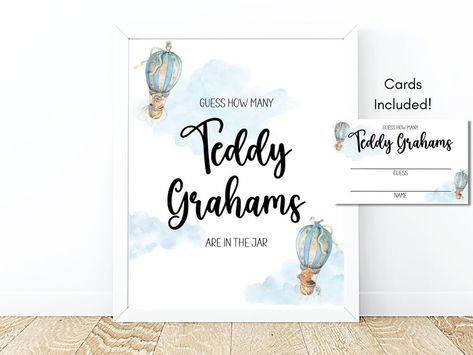Guess How Many Teddy Grahams, Graham Name, Teddy Bear Hot Air Balloon, Bear Hot Air Balloon, Teddy Grahams, Balloon Clouds, Baby Shower Signs, Printable Diy, Office Max